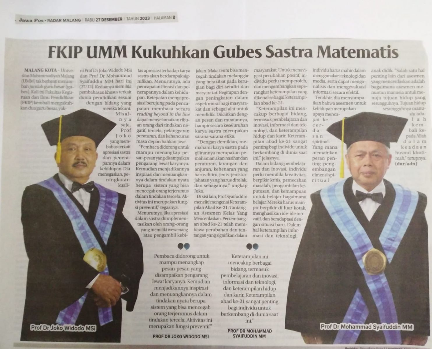 FKIP UMM Kukuhkan Gubes Sastra Matematis - Radar Malang.ID - UMM Dalam ...